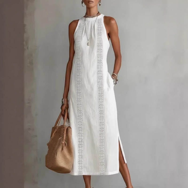 Independent European and American Cross-Border Fashion Platform 2026 Spring/Summer Women's Halter Neck Vacation Solid Color Lace Patchwork Sleeveless Dress