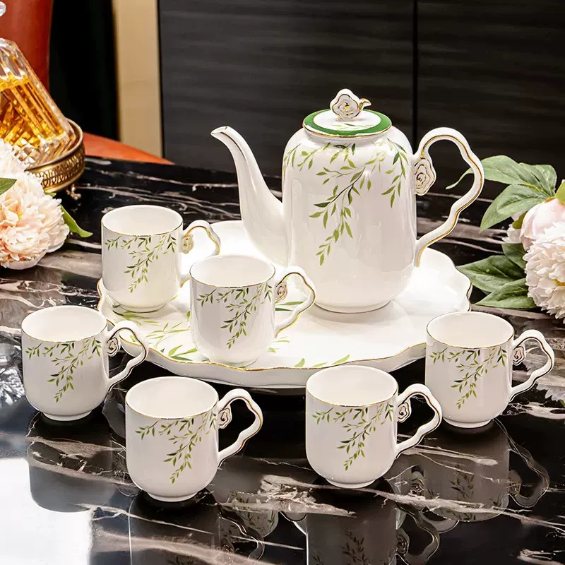 新中式柳叶乔迁茶具高档祥云轻奢待客高颜值客厅家用陶瓷水具套装