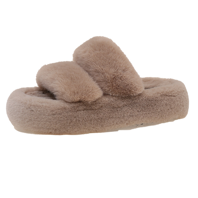 Open Toed Hairy Slippers For Women In Autumn And Winter, New Style For Outdoor Wear, Warm And Thick Soled, Double Straps, Outdoor Cotton Slippers_vogvips.com
