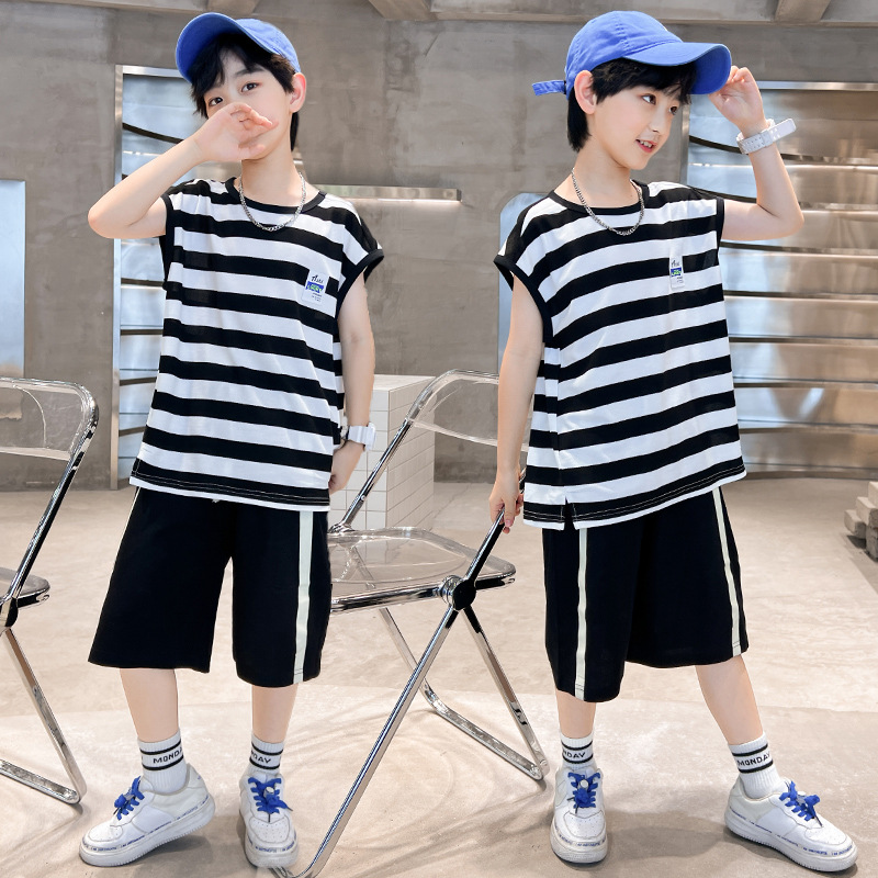 夏款新品男童无袖条纹印花两件套韩版中大童儿童洋气套装一件代发
