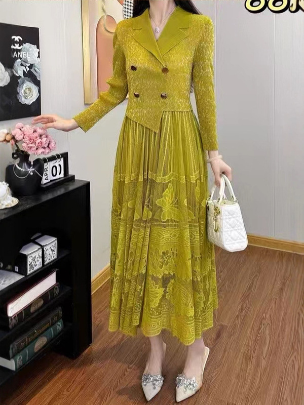 三宅烫金蕾丝拼接2025新款褶皱轻奢女装连衣裙气质通勤女长裙|undefined
