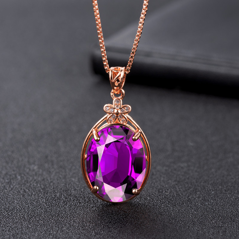 韩版时尚紫水晶五角花吊坠女镶钻锆石紫水晶花瓣吊坠玫瑰金首饰