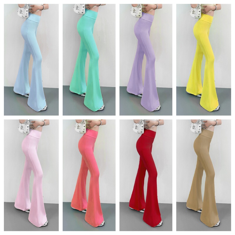 8247 New Solid Color Flared Pants for Women High Waist Slimming Fashion Hip-Hugging Slim Casual Extended Yoga Pants Fitness