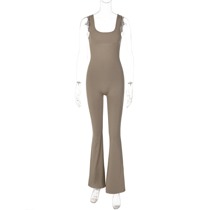 Women Clothing Summer Solid Color Slim Fit Backless Sleeveless Shoulder Strap Jumpsuit