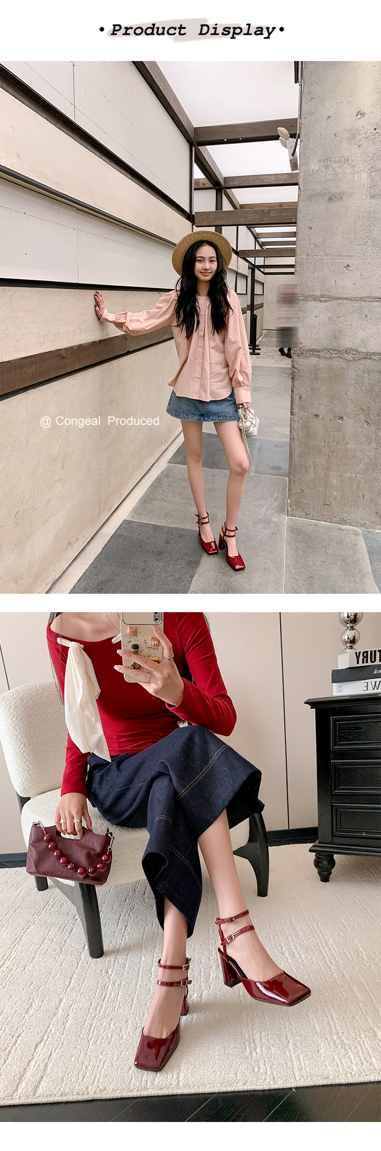 Giày sandal cao gót nữ mũi vuông bít mũi quai ngang gót thô da thật — Màu đen chi tiết 7