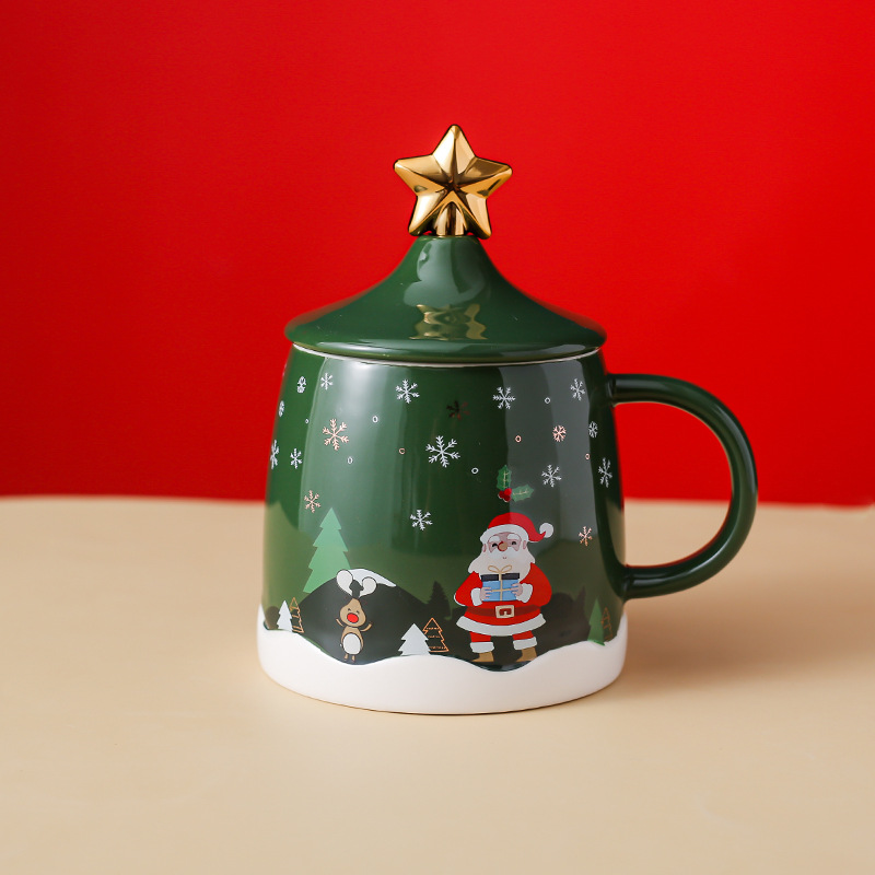 Regalo de Navidad creativa Taza de cerámica taza de dibujos animados nórdico par taza de agua taza de café con tapa cuchara