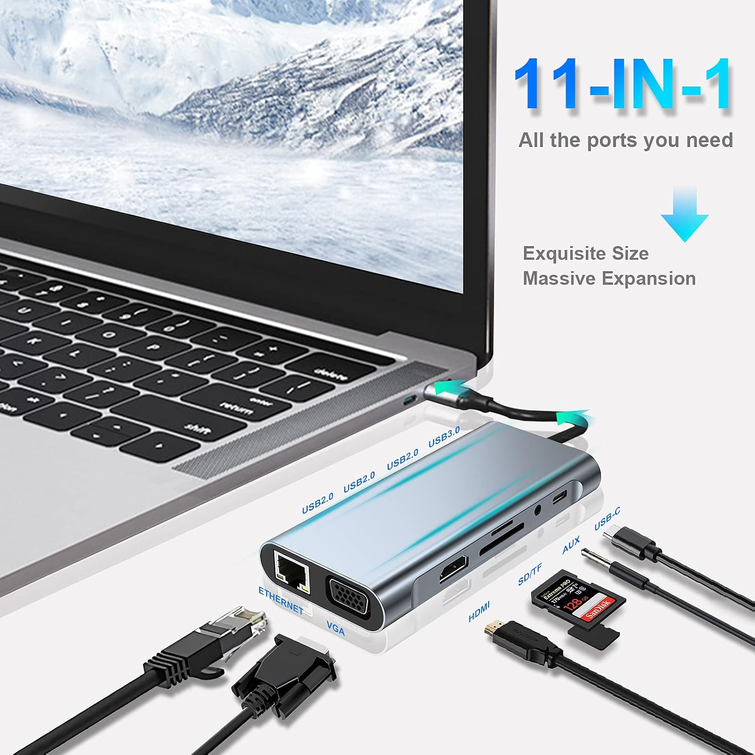 Estación de Acoplamiento Type-C 11 en 1 VGA+PD+RJ45 de Aleación de Aluminio para Mac