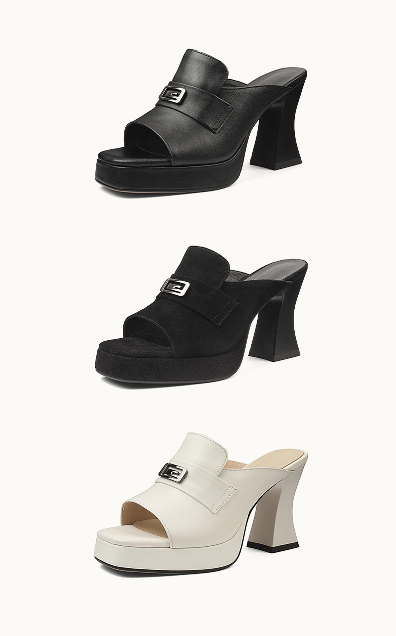 Sandal cao gót nữ mũi vuông hở mũi, gót 9 cm, đế xuồng dày, chất da thật — Da bò trắng kem, Da cừu lộn đen, Da bò đen chi tiết 9
