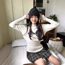 美式蝴蝶结收腰半高领毛衣女秋冬季内搭打底衫修身