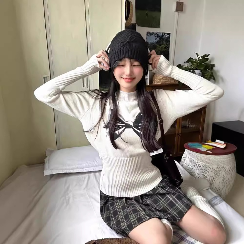 美式蝴蝶结收腰半高领毛衣女秋冬季内搭打底衫修身
