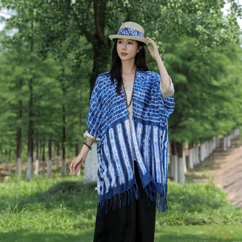 Nuevo estilo teñido con lazo retro artístico de algodón y lino siente la bufanda estilo étnico chal verano moda delgada cardigan decorativo para las mujeres