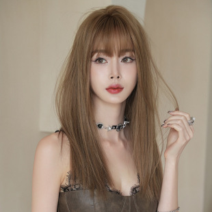 Cross-border Hot Sale New Japanese and Korean Wig Women's Long Straight Hair Lady's Linen Color Chemical Fiber Head Cover High Temperature Silk Long Straight Hair