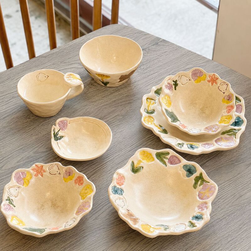 Ins-Style Girly Rose Embossed Set: Dinner Plate, Rice Bowl, Coffee Cup and Saucer, Handmade Floral and Bird Design, Coarse Pottery with Underglaze Color