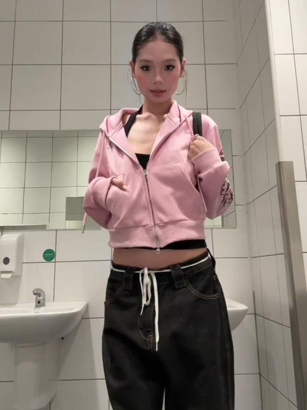 美式复古趣味图案长袖连帽卫衣女春秋设计感宽松气质休闲百搭外套|undefined