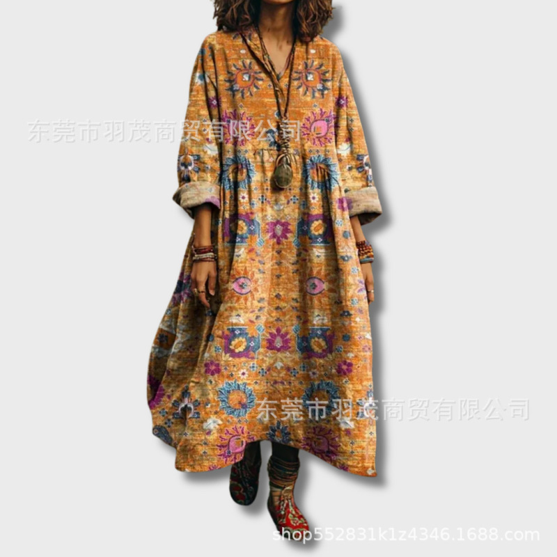 2025新款独立站女式复古花卉艺术图案印花口袋V领口袋连衣裙2|undefined