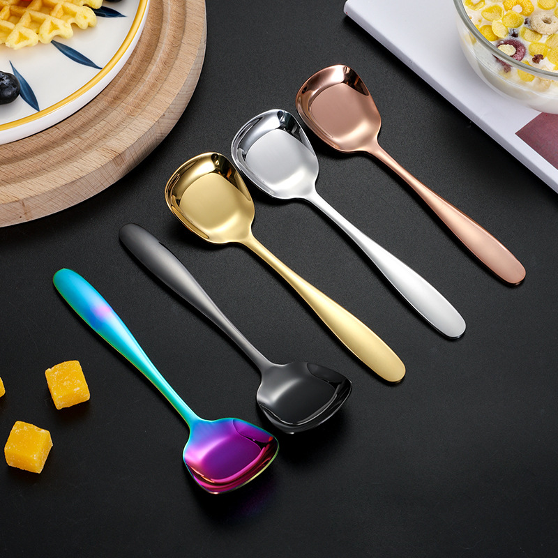Cuchara plana de acero inoxidable 304 para comer y beber sopa cuchara cuadrada mango largo sopa cuchara espesa lingote pequeña cuchara al por mayor