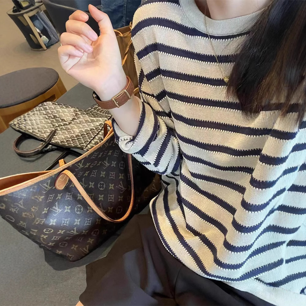 Spring and Summer New Lazy All-match Loose Slimming Tencel Linen Navy Blue Striped Knitted Top Sunscreen Jacket