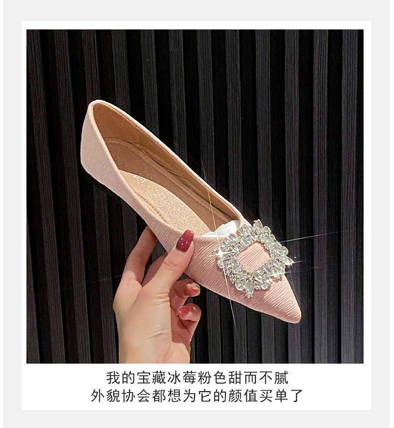 Giày búp bê nữ mũi nhọn gót thấp đính đá phối nơ, kiểu Pháp thanh lịch — Màu hồng, Màu mơ, Màu đen chi tiết 10