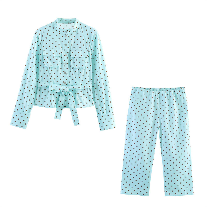 2026 Spring and Autumn New Fashion European and American Style Long Sleeve Polka Dot Shirt Cardigan Top Capri Pants Set Two-Piece Set 2026 Spring and Autumn New Fashion European and American Style Long Sleeve Polka Dot Shirt Cardigan Top Capri Pants Set Two-Piece Set