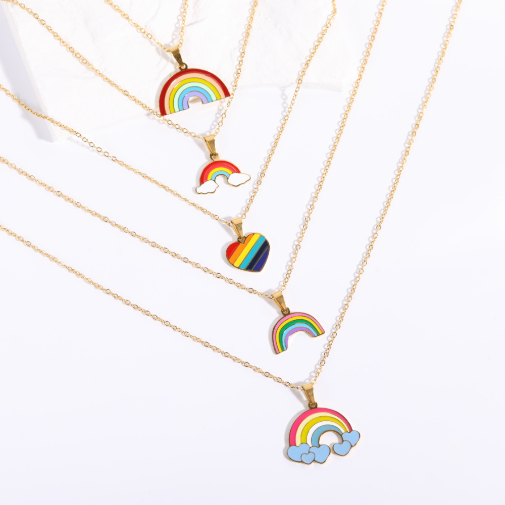 Fashion Simple New Sweet Cute Drop Oil Rainbow Heart Pendant Stainless Steel Necklace