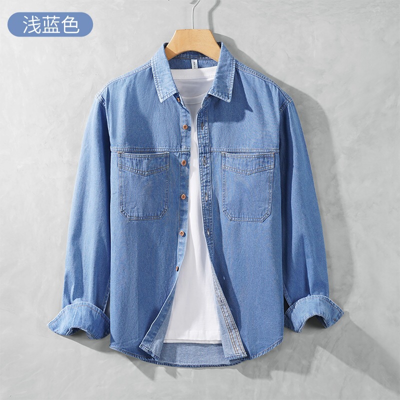 New men's long-sleeve denim shirt, high-end Korean style, loose fit, washed and brushed, vintage spring and autumn casual shirt