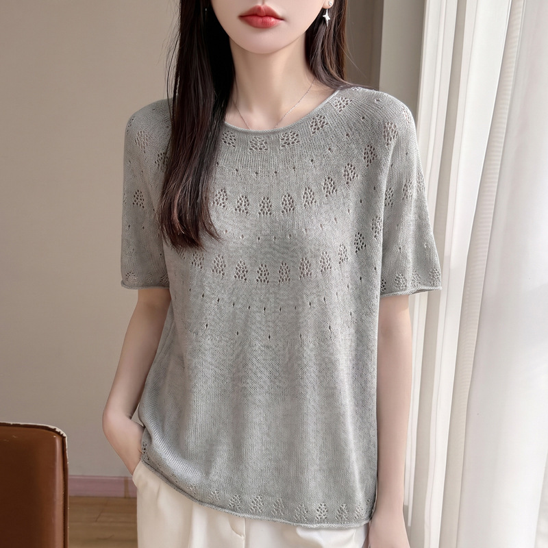 2026 Women's Tencel Linen Curled Hem Short Sleeve T-Shirt, Cool Summer Thin Knit T-Shirt, Slimming and Youthful Hollow Out Base Layer