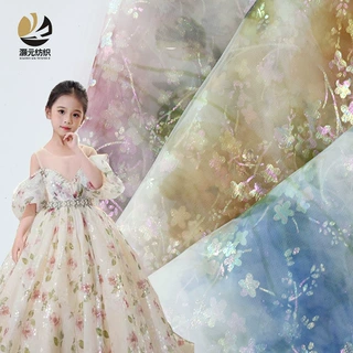 厂家直销 现货特密瑞士网玫瑰梦幻印花幻彩烫金网纱 演出服面料