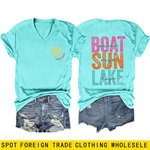 亚马逊wish独立站时尚休闲百搭boat sun lake女士V领短袖T恤批发