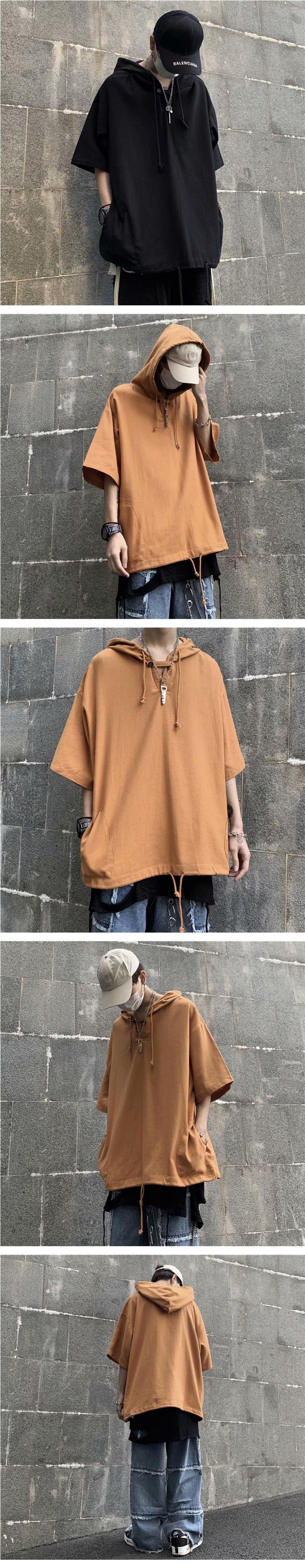 Summer men's short-sleeved T-shirt, cool and trendy in ins style, hooded half-sleeved sweatshirt, student with hat, solid color hat, cape, cool half-sleeved trendy T-shirt pic 2
