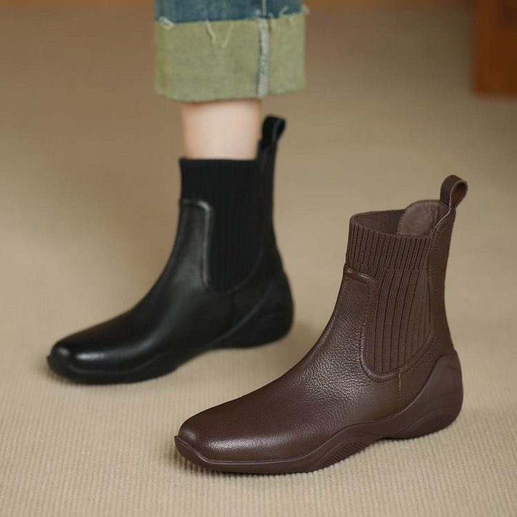 Popular Soft-Soled Short Cotton Boots for Women 2025 Autumn and Winter New Style Fleece-Lined Warm Boots Slimming Look Elastic Socks Boots Slim Boots
