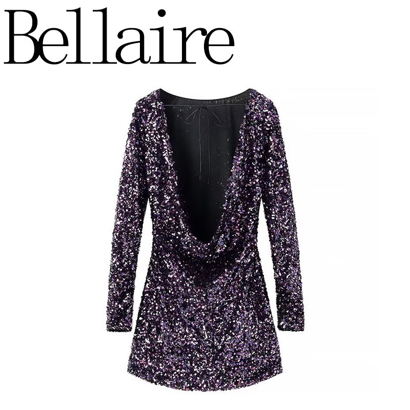 Za Foreign Trade Wholesale European and American Style French Fashion Versatile Trendy Pure Desire Style Long-Sleeve Sequin Dress