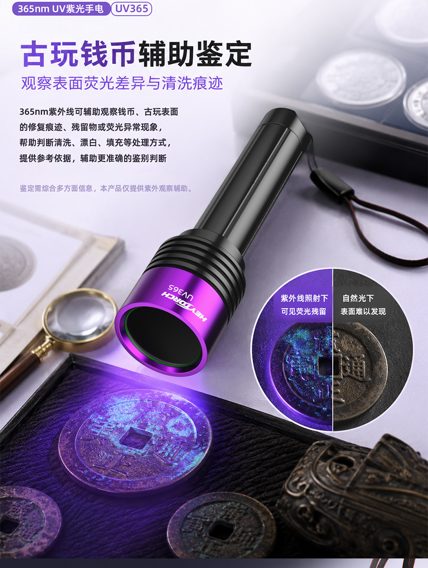 New UV purple light flashlight for identification and detection, high-power 365nm ultraviolet light for pet identification and money detection