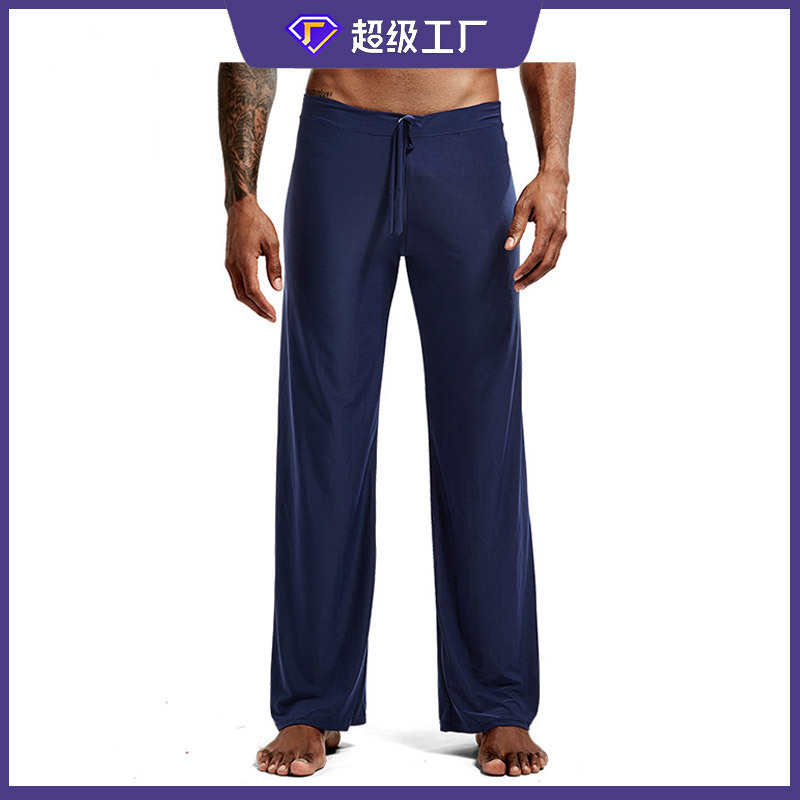 Men's Home Sleep Pants for Foreign Trade, Solid Color, Drawstring, Loose, Casual, Versatile, Ice Silk Polyester, Plus Size, Long Pants for Home Leisure