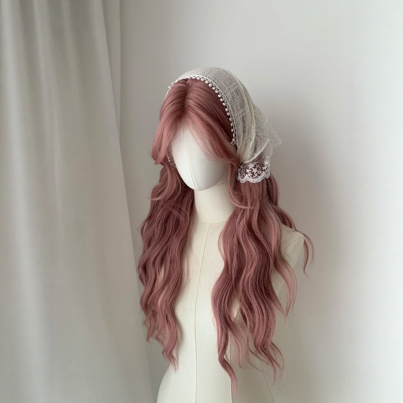 [Mist Pink] Front Lace Style Long Hair with Water Wave Curls, Natural Realistic Middle-Parted Bangs Wig, Full Head Cover