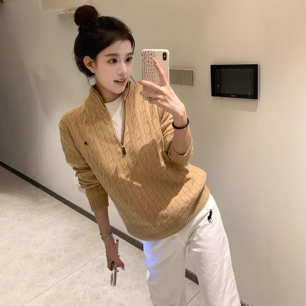 American Retro Old Money Style Pony Autumn Girly Stand Collar Half-Zip Sweater Cable Knit Top Couple Knitwear