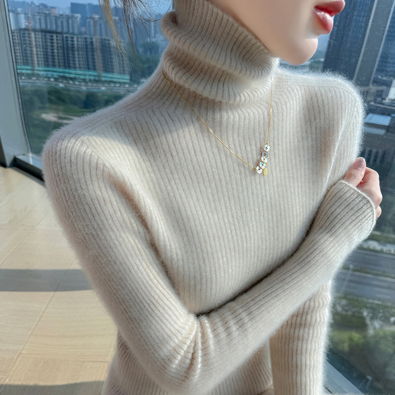 毛衣显瘦抽条厚款秋冬新款高翻领100羊毛女修身百搭针织打底套头|undefined