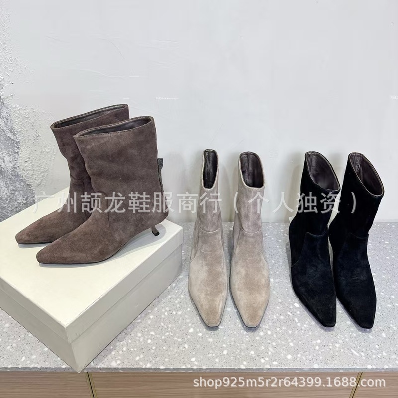 高端2025秋冬真皮尖头细跟高跟套筒瘦瘦靴时装单靴中跟短靴裸靴女|undefined
