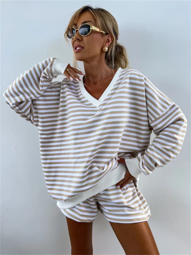 Casual Striped Suit For Women V-neck Long-sleeved Loose Top Paired With Shorts In The Same Color Ladies Spring Summer 2piece Set_voghion.com