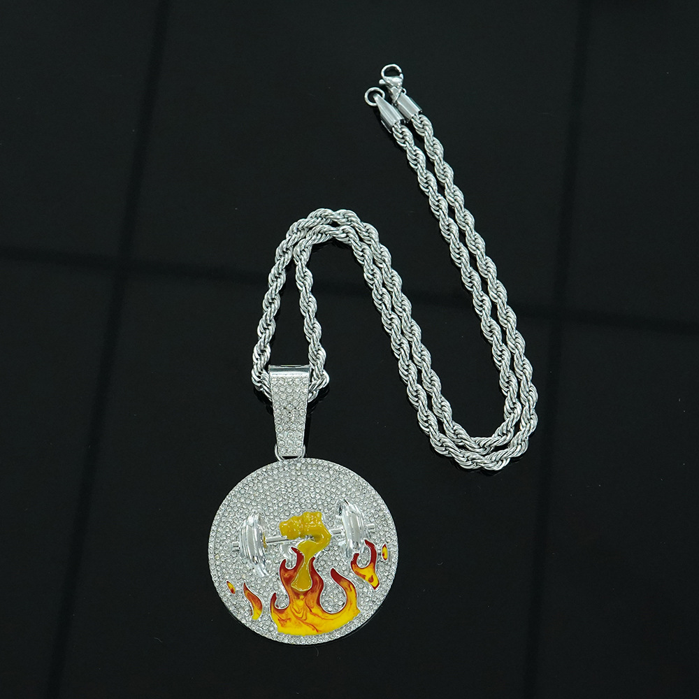 Amazon nuevo hombre hip-hop aleación de diamantes de imitación llama mancuerna colgante deportivo fitness joyería collar tira