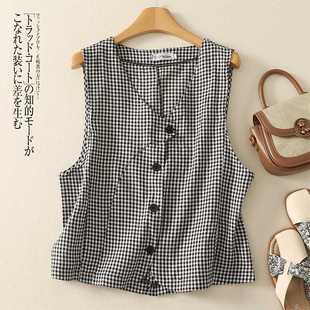 Real Shot of 2025 Cotton and Linen Plaid V Neck Vest for Women in Summer Design Niche High-End Outer Sleeveless Cardigan Top