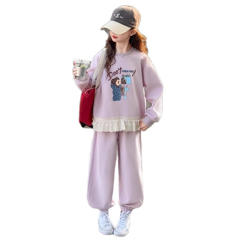 儿童春季新款棉质卫衣套装花边蕾丝女童卡通套装韩版中大童|undefined