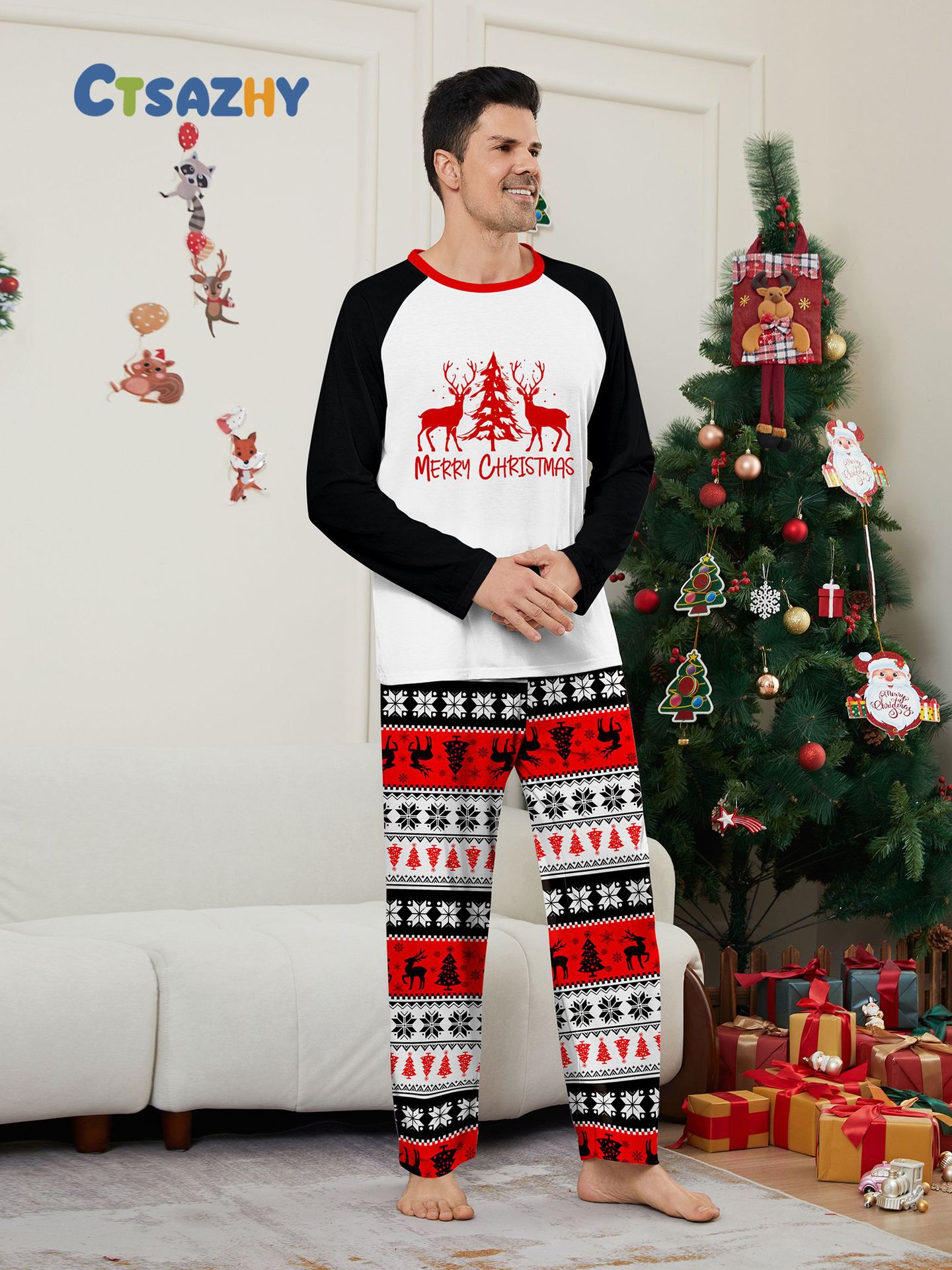 Robe de famille de Noël imprimée, pyjama, robe de maison, lettres de flocon de neige, Père Noël, cerf_voghion.com