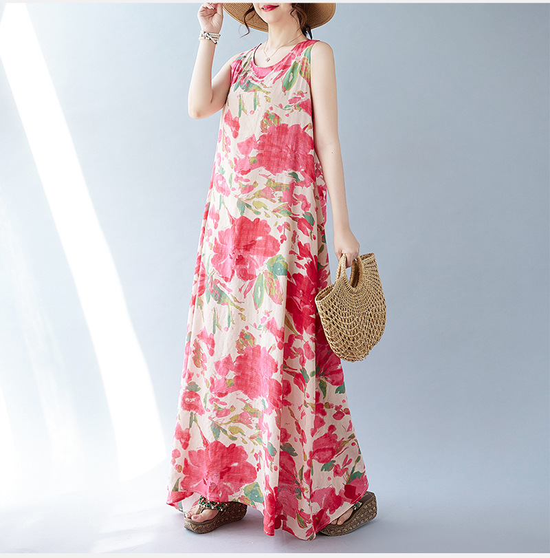 Real Shot Of The 2024 Summer New Bohemian Artistic Loose Sleeveless Round-neck Printed Mid-length Dress For Women_ecoleips.com