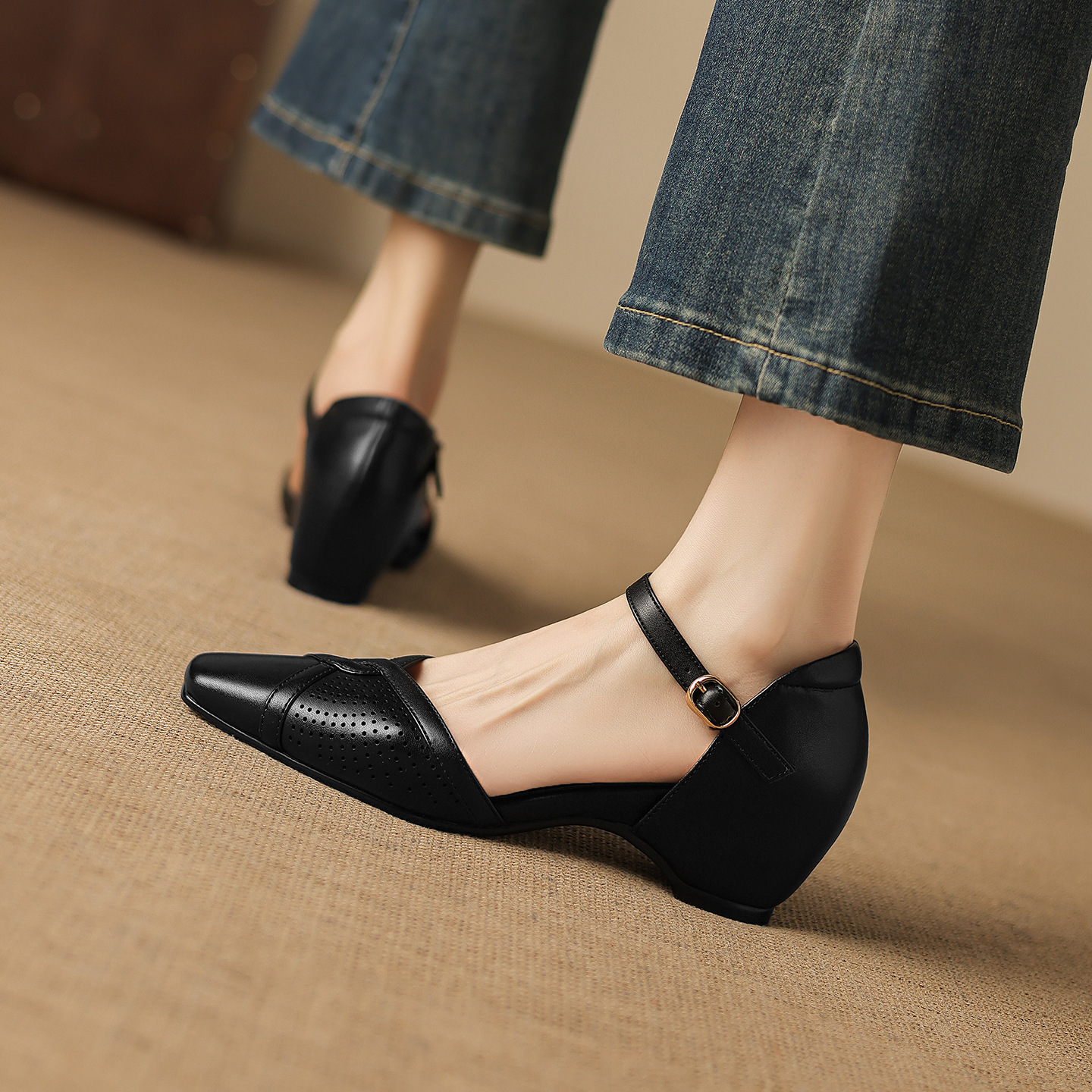 Sandal cao gót nữ quai ngang mũi vuông kiểu Pháp, gót thô ổn định — đen