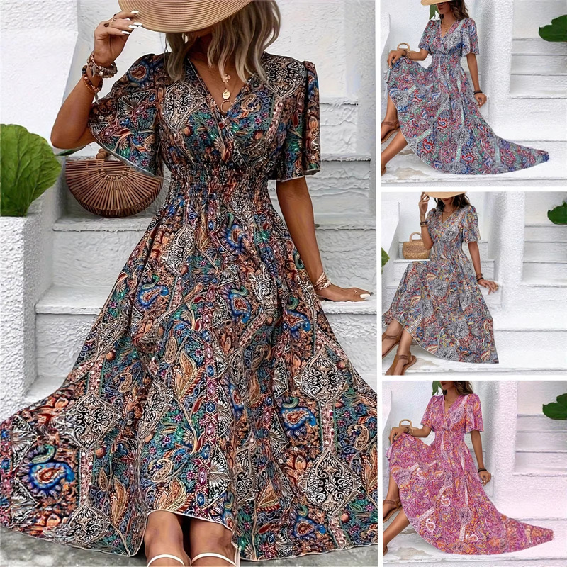 2026 Independent Site Wish Amazon Stylish High-Waisted Bohemian Vacation Ethnic Style Women's Dress