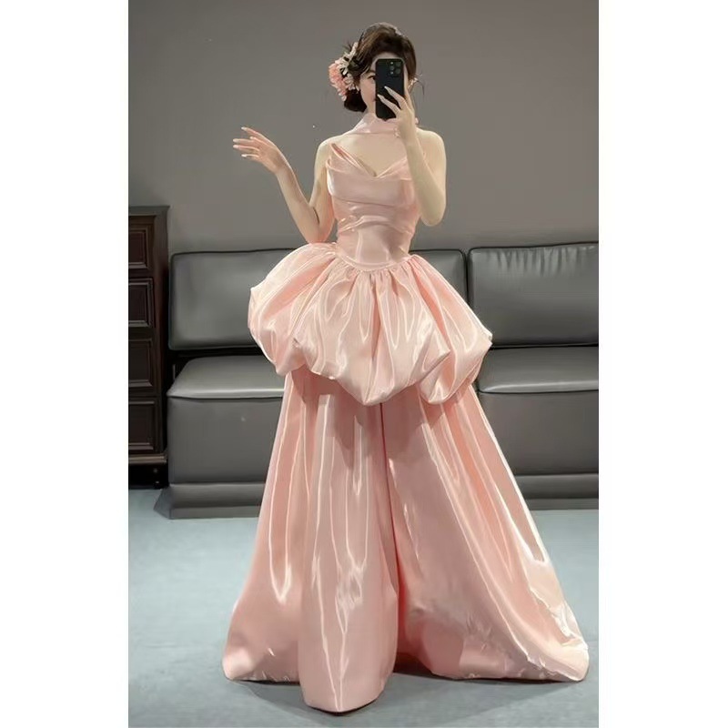 French-Style Strapless Evening Dress 2026 New Model Birthday Party Bride Engagement Wedding Toast Dress Pink Strapless Long Dress