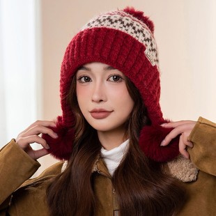 Hat Women's Winter Ethnic Style Thickened Warm Cold-proof Ear-protecting Knitted Wool Hat Women's Stitching Three-ball Wind-proof