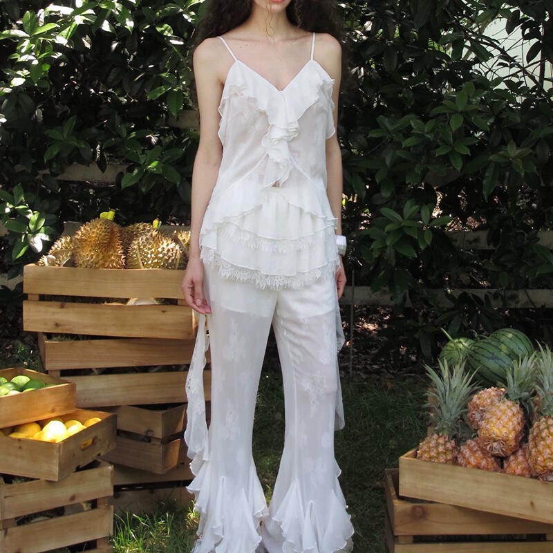 Carie V-Neck Ruffled Lace-Trimmed Short Top with Side Ruffles and Flared Wide-Leg Pants