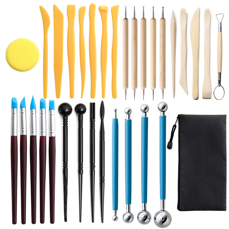 Herramientas de cerámica transfronterizas 32 unidades traje cuchillo de talla de piedra esponja de arcilla de plástico hecho a mano píldora stick taladro de silicona pluma