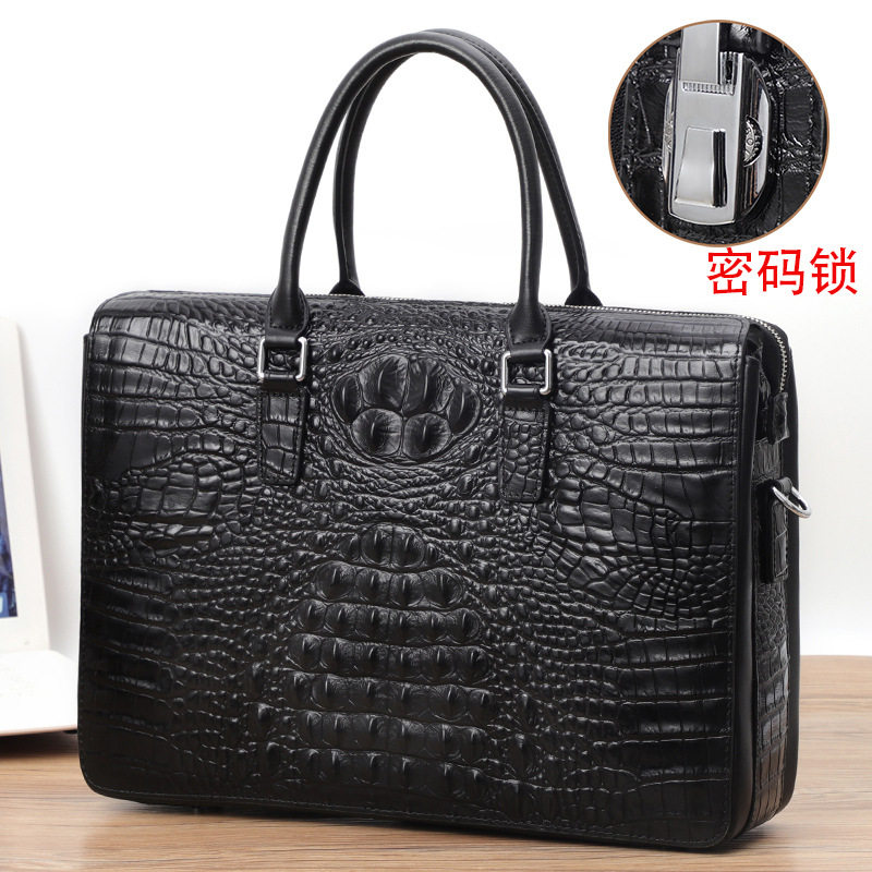 Túi xách tay nam da bò vân cá sấu khóa số, cặp công sở da thật định hình cao cấp 37×7×26 cm — Da bò lớp đầu màu đen